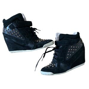 Black suede gold bronze studded hidden wedge heel sneakers